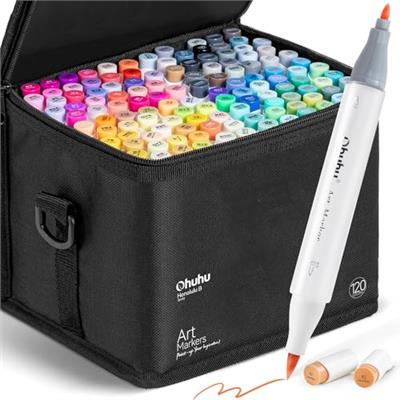 Ohuhu Alcohol Markers Brush Tip -Double Tipped Art Marker Set for Artist Adults Coloring Illustration -120 Colors -Brush &Fine -Honolulu B-Refillable