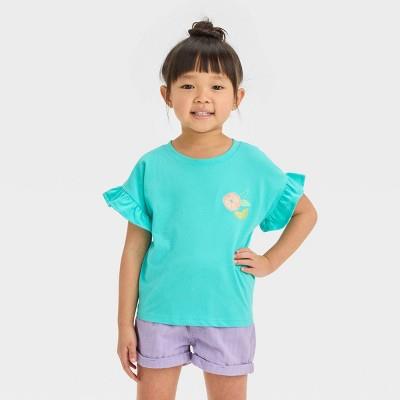 Toddler Girls Lemon T-shirt - Cat & Jackâ„¢ Teal Blue 3t: Embroidered Fruit, Ruffle Sleeves, Soft Jersey Fabric : Target