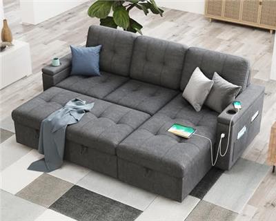 AMERLIFE 84 Inch Sofa Bed, Sleeper Sofa with 2 USB Sockets & Cup Holders, L Shaped Pull Out Couch Bed with Storage Chaise- Dark Grey