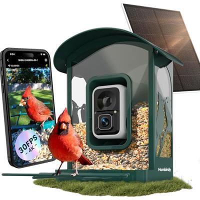 Humbirdy Bird Feeder with Camera, 4K Ultra HD Video with 30fps Live View, 10x Slow Motion, No Subscription, Solar Powered AI Smart Bird Feeder with Ca