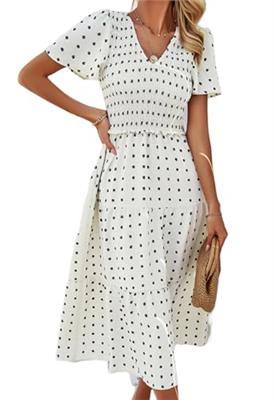 Women Summer 2024 Smocked Midi Dress, Ruffle Short Sleeve V-Neck Flowy A-Line Tiered Swiss Dot Dresses with Pocket Off-White