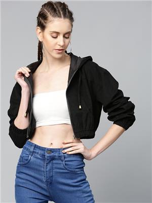 Buy SASSAFRAS Women Black Solid Corduroy Cropped Bomber Jacket - Jackets for Women 12288112 | Myntra