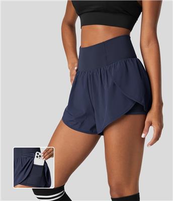 Women’s Breezeful™ High Waisted Crossover Petal Hem 2-in-1 Side Pocket Quick Dry Yoga Shorts - Halara