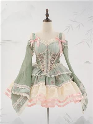 Green Boned Corset Lolita Dress Floral Embroidery Lolita JSK Full Set
