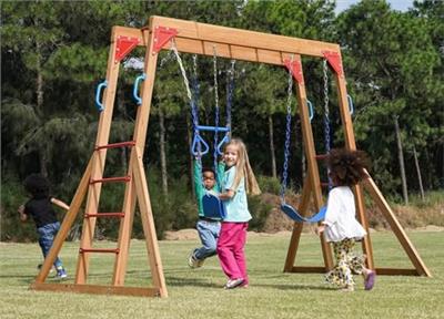 Dolphin Playground Wood Swing Sets for Backyard with Monkey Bar, Kids Outdoor Play Equipment, Outdoor Playset for Kids with Trapeze Swing Bar and 2 Be