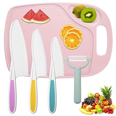 FACATH 3 Pieces Kids Knife Set for Cooking, with Cutting Board and Safe Lettuce and Salad Knives, Kids Cooking Utensils in 3 Sizes & Colors for Fruit,