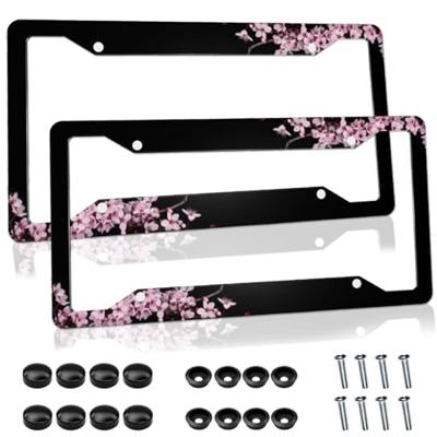 Cherry Blossom License Plate Frame Pink License Plate Cover Funny Auto Accessory Bracket Aluminum Metal Black License Plate Frames for Women Men (Set