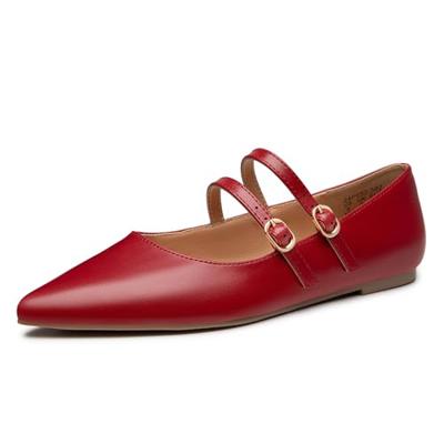 Trary Flats for Women Mary Jane Shoes Women Closed Pointed Toe Ballet Flats Comfortable Slip on Dressy Adjustable Strap Cute Walking Office PU Leather