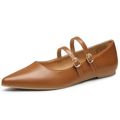 Trary Flats for Women Mary Jane Shoes Women Closed Pointed Toe Ballet Flats Comfortable Slip on Dressy Adjustable Strap Cute Walking Office PU Leather