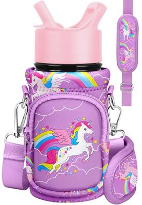 Miss Adola Water Bottle Carrier with Strap - Cute Cartoon Insulated Kids Water Bottle Holder for Boys Girls Purple Unicorn Neoprene Bottle Bag for 10/