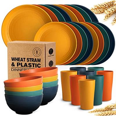 Teivio 32-Piece Kitchen Plastic Wheat Straw Dinnerware Set, Service for 8, Dinner Plates, Dessert Plate, Cereal Bowls, Cups, Unbreakable Plastic Outdo
