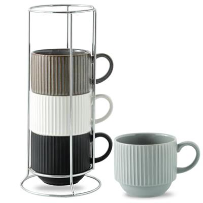 Hasense Large Coffee Mug Set of 4 with Rack - 15 oz Stacking Ceramic Ribbed Latte Cups Set for Cappuccino, Tea, Hot Cocoa, Drinks - Dishwasher & Micro