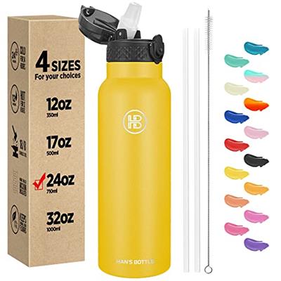 Hans Bottle Sports Water Bottle - 24 Oz, Straw Lid, Leak Proof, Vacuum Insulated Stainless Steel, Double Walled, Thermo Mug,Ginger
