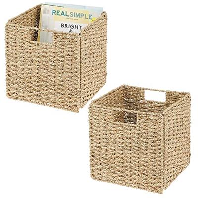 mDesign Seagrass Woven Cube Bin Basket Organizer with Handles - Storage for Bedroom, Home Office, Living Room, Bathroom, Shelf/Cubby Organization, Hol