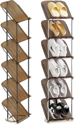 Tall Narrow 6 Tier Clear Shoe Rack Smoke Clear Vertical Sloping Shoe Shelf with Transparent PET Tiers Steel Frame Space Saving