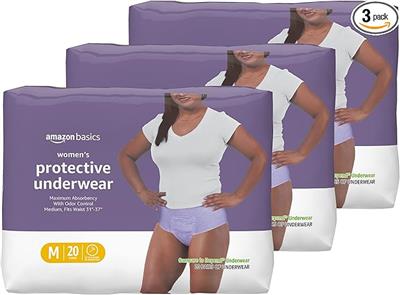 Amazon.com: Amazon Basics Women's Protective Underwear, Incontinence & Postpartum, Maximum Absorbency, Medium, Lavender, 60 Count, (3 Packs of 20) : H