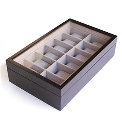 CASE ELEGANCE Solid Espresso Wood Watch Box Organizer with Glass Display Top 12 slot (Espresso)