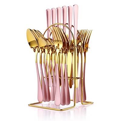 24 Pieces Flatware Set, Caliamary Stainless Steel Flatware Set with Silverware Holder Spoons Forks Knives,Utensils Set Service for 6,Gold Mirror Polis