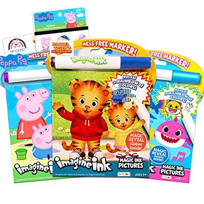 Imagine Ink Coloring Book Bundle ~ 3 Pack No Mess Magic Ink Activity Books with Daniel Tiger, Peppa Pig, and Baby Shark with Peppa Pig Stickers