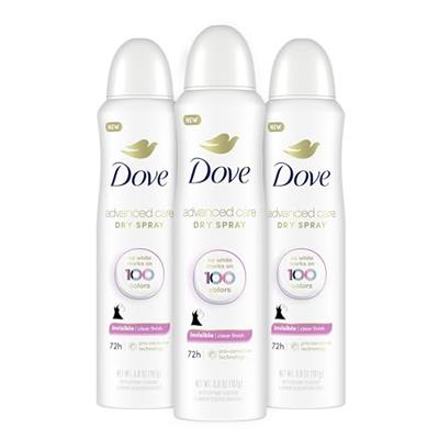 Dove Advanced Care Antiperspirant Deodorant Spray Clear Finish 3 Count Invisible antiperspirant deodorant tested on 100 colors 72-hour odor and sweat