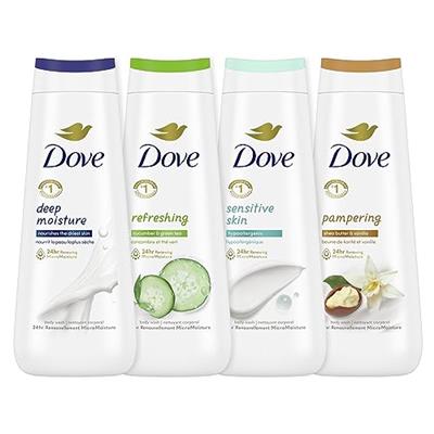 Dove Body Wash Deep Moisture, Sensitive Skin, Cucumber and Green Tea, and Shea Butter & Vanilla Collection 4 Count Skin Cleanser with 24hr Renewing Mi