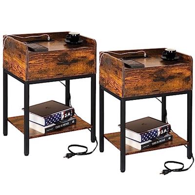 Lerliuo Nightstands Set of 2 with Charging Station and USB Ports, 3-Tier End Side Table with Storage Drawer and Shelf, Modern Bedside Night Stand for