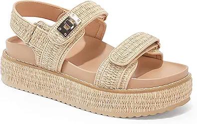 Amazon.com | Coutgo Womens Raffia Platform Sandals Comfortable Flat Sandals Double Strap Footbed Summer Beach Sandals, Natural, Size 7.5 | Platforms &
