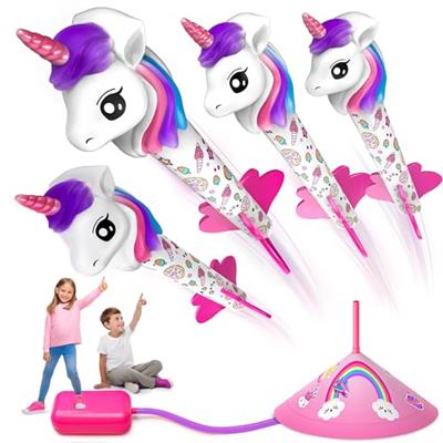 beefunni Unicorn Rocket Launcher for Girls, 4 Unicorn Outdoor Toys for Kids, Christmas Birthday Unicorn Gifts for Girls Ages 2 3 4 5 6 7 8 Years Old,