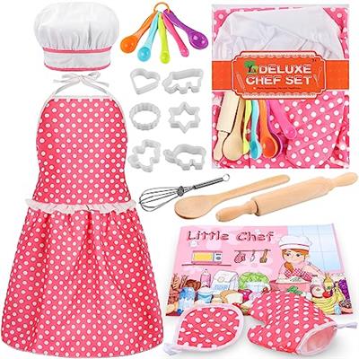 Kids Cooking Baking Set 19Pcs, Kids Chef Role Play Costume Set - Chef Hat and Matching Pink Apron Children Dress up Pretend Gift for 3 4 5 6 7 8 Year