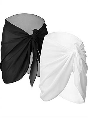 2 Pieces Sarong Coverups for Women Bathing Suit Wrap Swimsuit Skirt Beach Bikini Cover Up Swimwear Chiffon (Black and White)