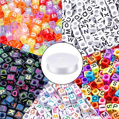 1400pcs 5 Color Cube Alphabet Beads Bracelet Letter Beads for Bracelets Making with 1 Roll 50M Crystal String Cord for Jewelry Making（6mm）