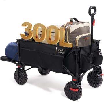 TIMBER RIDGE Festival Trolley 300L with Brakes, Folding Beach Trolley Cart with Tailgate, 135kg Collapsible Wagon Detachable Wide Wheels & Adjustable
