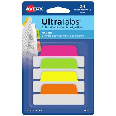 Avery Margin Ultra Tabs, 2.5 x 1, 2-Side Writable, Assorted Neon Color, 24 Repositionable Page Tabs (74767)