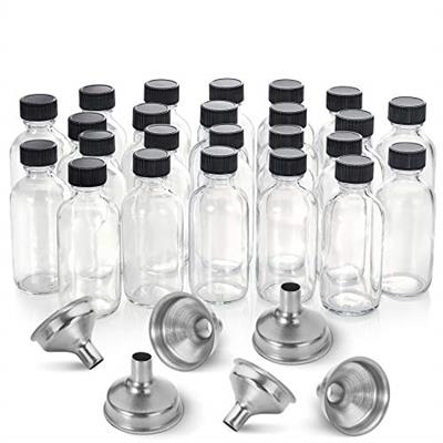 24 Pack, 2 oz Small Clear Glass Bottles w/ Lid & 6 Stainless Steel Funnels - 60ml Boston Sample Bottles - Mini Travel Essential or Decorative Bottles