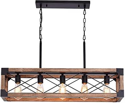 Airposta Kitchen Island Lighting, 33.5-Inch 5 Lights Farmhouse Linear Chandelier for Dining Room Pool Table Pendant Light Fixture, Rustic Wood Grain F