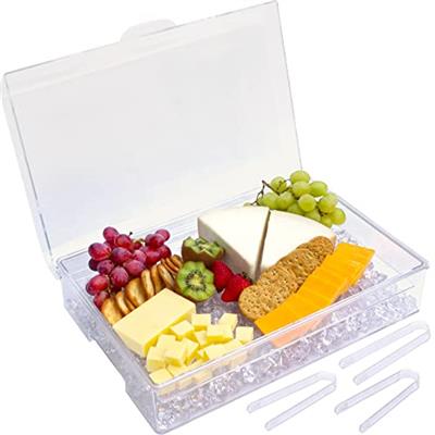 Ice Chilled Party Platter - Large Removable Serving Tray and Hinged Lid | Ideal for Appetizers, Seafood, Cheeses, Meats, Desserts and More | 3 Tongs I