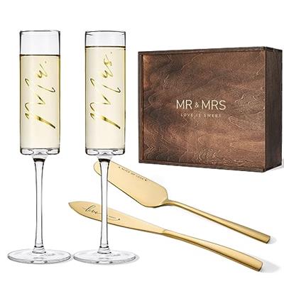 AW BRIDAL Champagne Glasses Engraved Mr & Mrs Gold Cake Cutting Set for Wedding Bridal Toasting Champagne Flutes, Wedding Gifts for Couple Cake Knife