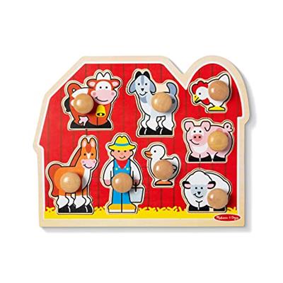 Melissa & Doug Farm Animals Jumbo Knob Wooden Puzzle - Wooden Peg Chunky Baby Puzzle, Preschoool Learning, Knob Puzzle Board For Toddlers Ages 1+