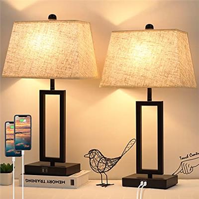 Set of 2 Touch Control Table Lamps with 2 USB Ports, 3-Way Dimmable Bedside Nightstand Lamps for Bedrooms Living Room Reading, Modern Table Lamp Sets
