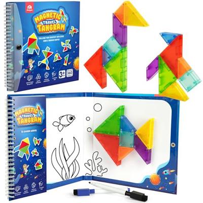 Coogam Magnetic Travel Tangram Puzzle, Road Trip Tango Puzzle Pattern Blocks Shape Jigsaw Books with 360 Challenges, Geometry IQ Game STEM Educational