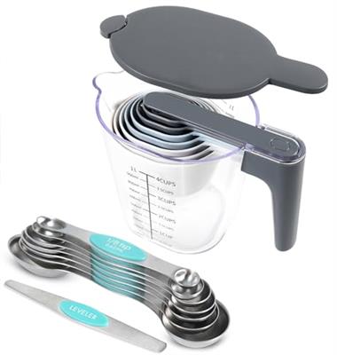 Recogwood 18 Pieces Measuring Cups and Spoons set, Includes 10 Stackable Measuring Cup with Lid and 8 Magnetic Measuring Spoons, for Liquid and Dry In