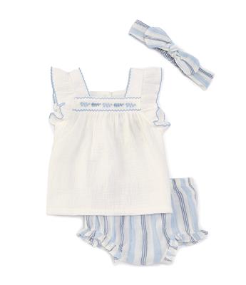 Little Me Baby Girls 3-12 Months Flutter-Sleeve Embroidered Gauze Tunic Top & Striped Gauze Bloomer Set | Dillards