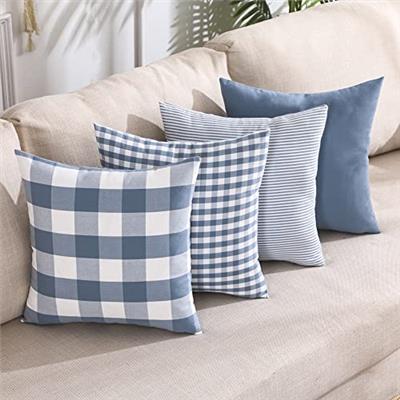 CARRIE HOME Light Blue Pillow Covers Farmhouse Plaid Throw Pillows 18x18 Set of 4 Spring Summer Blue Decorative Pillow Neutral Decor for Couch Sofa an