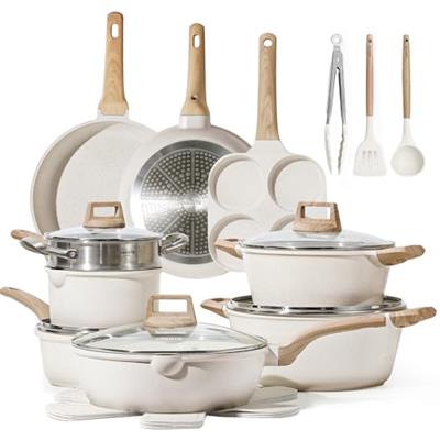 CAROTE 21Pcs Pots and Pans Set, Nonstick Cookware Sets, White Granite Induction Cookware Non Stick Cooking Set w/Frying Pans & Saucepans(PFOS, PFOA Fr