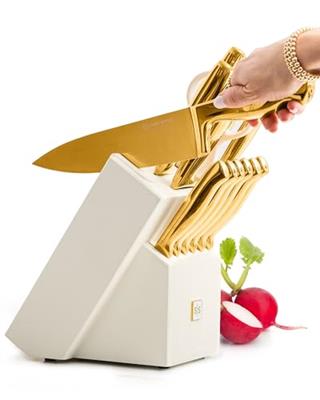 STYLED SETTINGS White and Gold Knife Set with Sharpener -14PC Self Sharpening Knife Block Set Includes Luxurious Full Tang Knives and White Knife Bloc