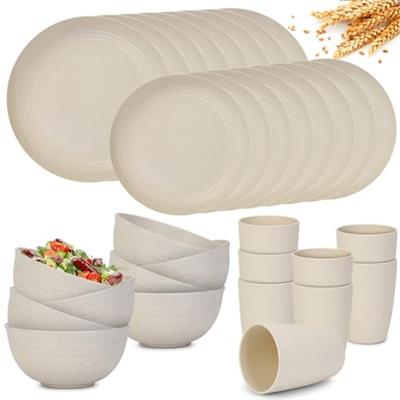 RVXHUA 32-Piece Premium Plastic Dinnerware Sets for 8, Unbreakable Wheat Straw Cups Plates and Bowls Set, Microwave and Dishwasher Safe Kitchen Dish S