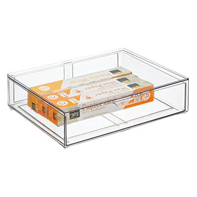 mDesign Wide Plastic Stackable Kitchen Storage Organizer with Front Pull Drawer for Cabinet, Pantry, Cupboard, Fridge, Shelf, or Freezer Organization