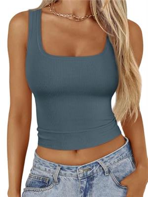 Trendy Queen Womens Going Out Crop Tank Tops Summer Clothes Camisole Sleeveless Athletic Travel Outfits Grey Blue