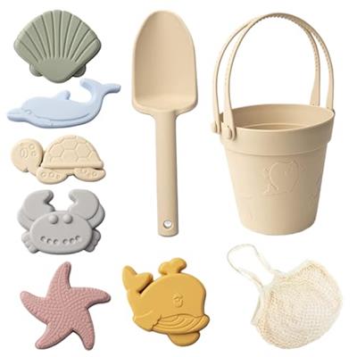 8PCS/Set Sand Toys for Kids, Safe Silicone Beach Toys with Shovel, Bucket and Sand Molds, Waterproof Sand Box Toys for Travel Summer Outdoor Beige