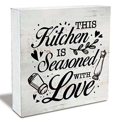 Rustic This Kitchen is Seasoned with Love Wood Box Sign Funny Kitchen Wooden Box Sign Farmhouse Home Desk Shelf Decor (5 X 5 Inch)